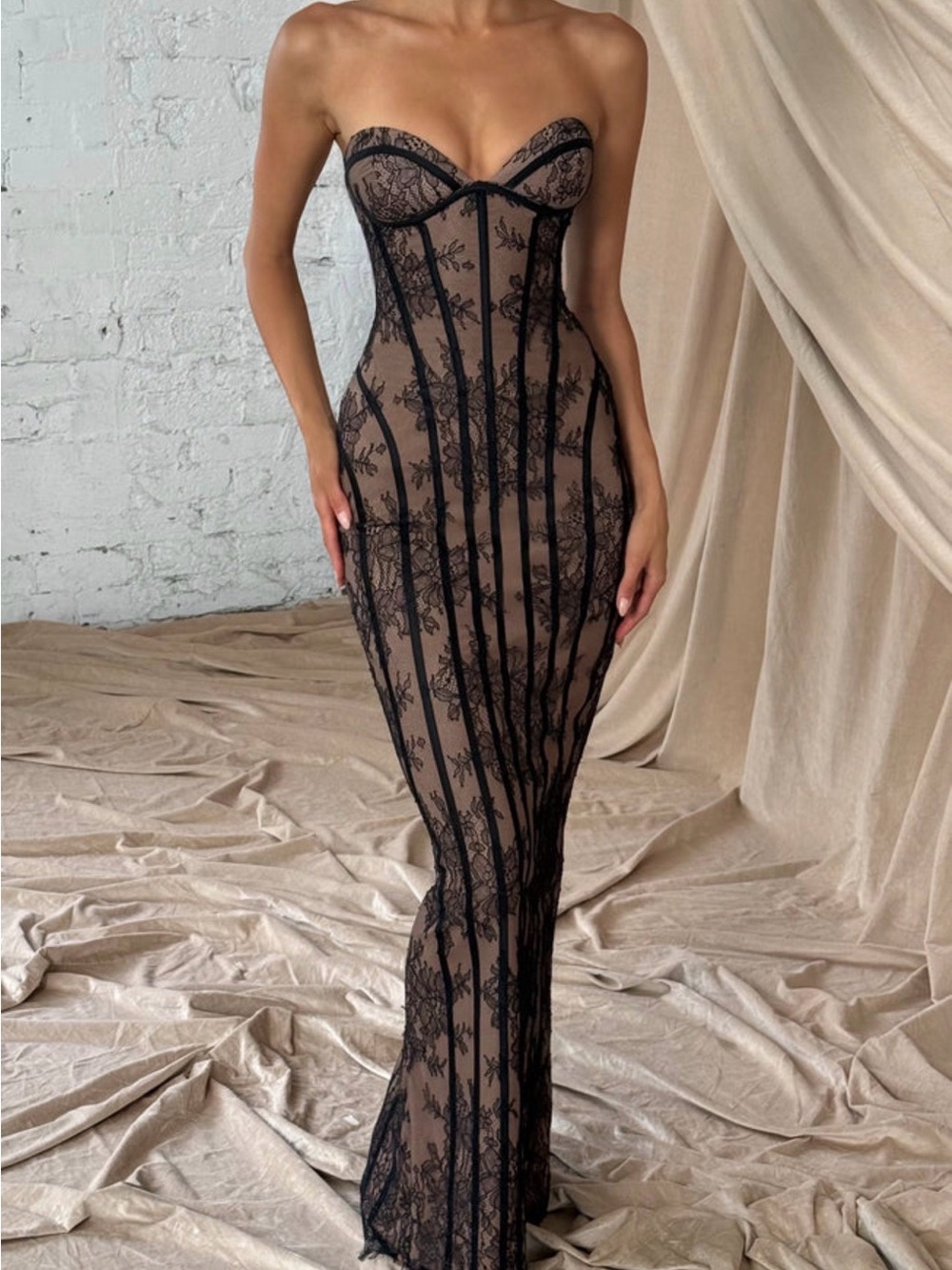 Strapless Black Lace Overlay Maxi Dress in Nude